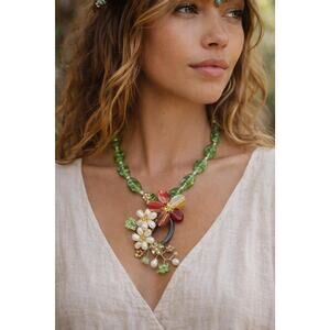 Handcrafted Green Glass Floral Necklace with Freshwater Pearls